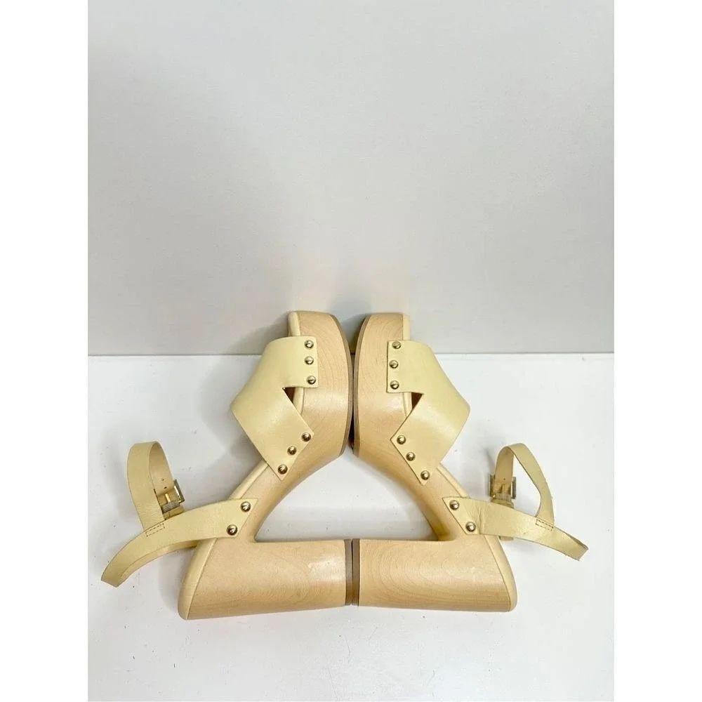 Sarto by Franco Sarto Wally Cream Leather Wood Platform Block Heel Sandals 9